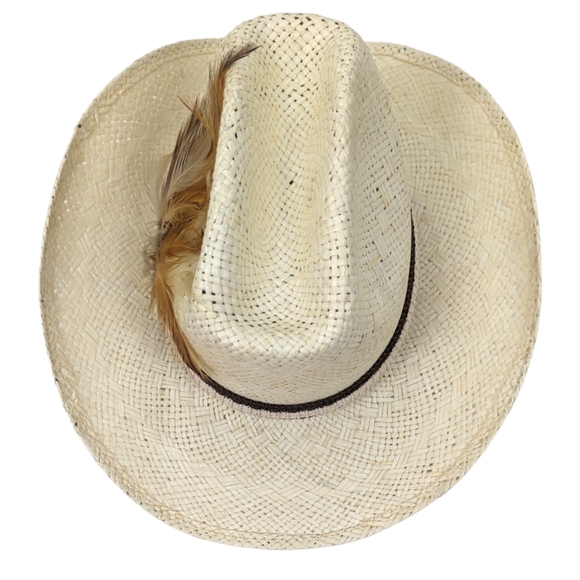Biltmore Western Cowboy Hat Straw Feather Leather Band 7 1/8 57 cm Ivory Brown - Picture 5 of 13
